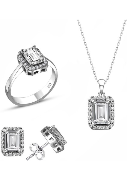 Sertifikalı Swarovski Baget Taş Özel Model 925 Gümüş Set