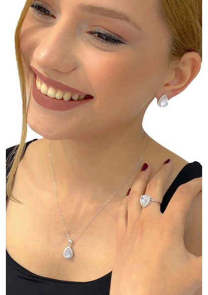 Beyaz Damla Zirkon Mikro Kalite 925 Gümüş Set Takım fiyatları