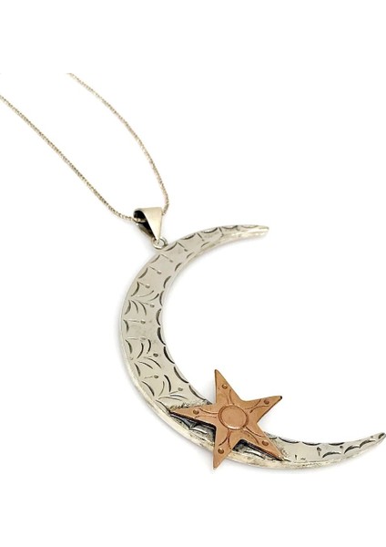 Ayyıldız Otantik Büyük Boy El Işçiliği Gümüş Ay Yıldız Kolye