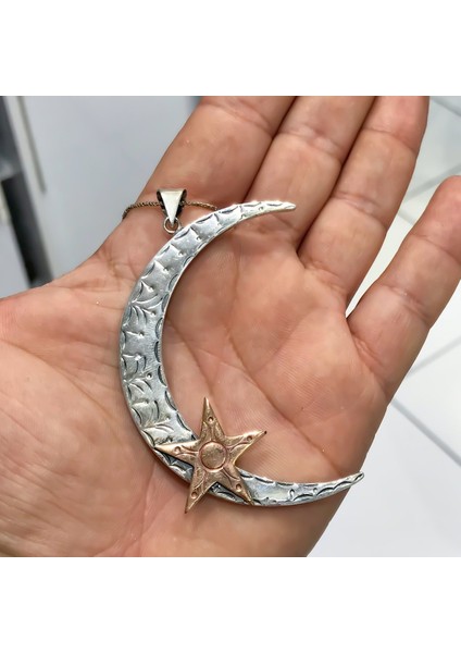 Ayyıldız Otantik Büyük Boy El Işçiliği Gümüş Ay Yıldız Kolye modelleri