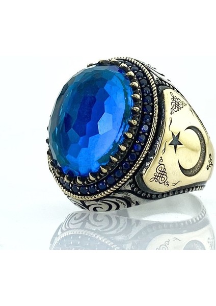 Safir Mavi Topaz Taş Süleyman Mührü Davut Yıldızı Gümüş Yüzük modelleri