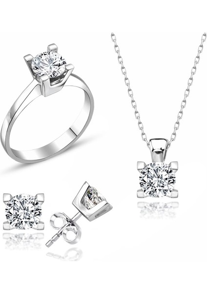 Sertifikalı Swarovski Taş Klasik Tek Taş 925 Gümüş Set Takım