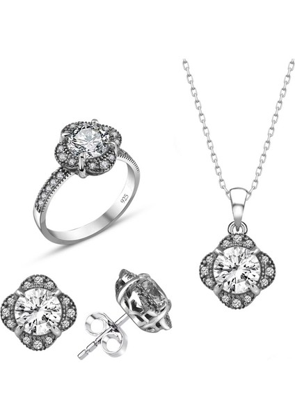 Sertifikalı Swarovski Tektaş Gül Modeli 925 Gümüş Set