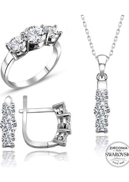 Sertifikalı Swarovski 3 Üç Taş Tria 925 Gümüş Set Takım