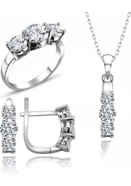 Sertifikalı Swarovski 3 Üç Taş Tria 925 Gümüş Set Takım