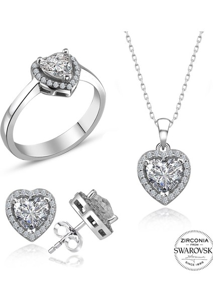 Sertifikalı Swarovski Taşlı Kalp Tektaş 925 Gümüş Set Takım modelleri