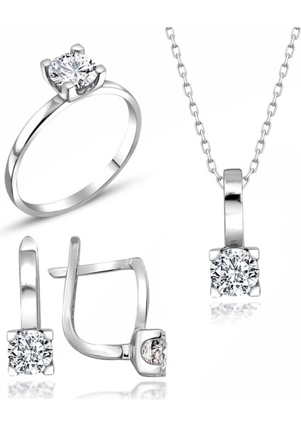 Sertifikalı Swarovski Tektaş Taşlı 925 Gümüş Set Takım