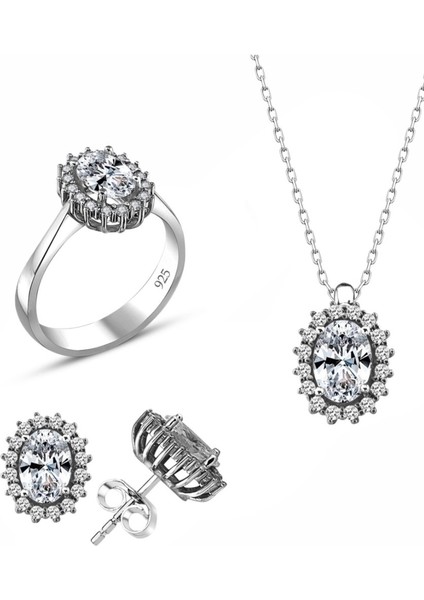 Sertifikalı Swarovski Oval Kesim Tek Taş 925 Gümüş Set