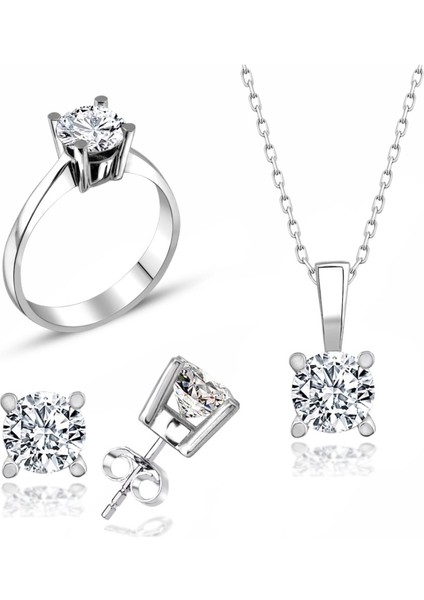 Sertifikalı Swarovski Taş Altın Modeli Tek Taş 925 Gümüş Set Takım