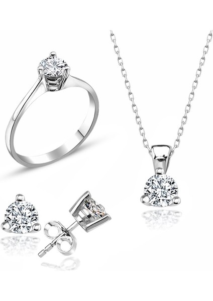 Sertifikalı Swarovski Tek Taş 925 Gümüş Set Takım
