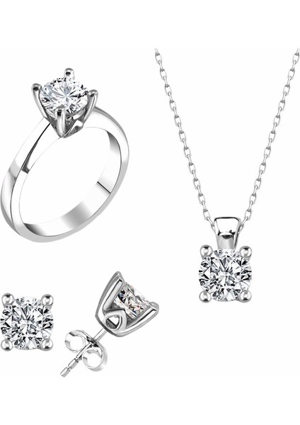 Sertifikalı Swarovski Tek Taş 925 Gümüş Set Takım