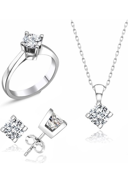 Sertifikalı Swarovski Taşlı Tek Taş 925 Gümüş Set Takım