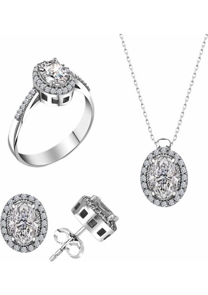 Sertifikalı Swarovski Taşlı Oval Kesim 925 Gümüş Set Takım