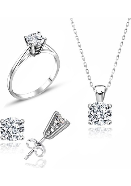 Sertifikalı Swarovski Taşlı Tektaş 925 Gümüş Set Takım