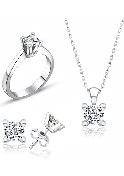 Sertifikalı Swarovski Taşlı Klasik Tek Taş 925 Gümüş Set Takım