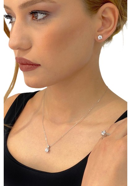 Sertifikalı Swarovski Tek Taş Kalp Montür 925 Gümüş Set Takım modelleri