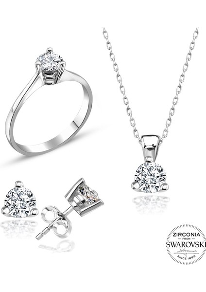 Sertifikalı Swarovski Tek Taş 925 Gümüş Set Takım
