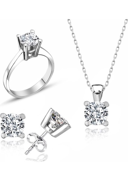 Sertifikalı Swarovski Tektaş Klasik 925 Gümüş Set Takım