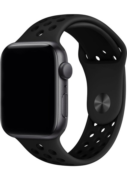 Apple Watch Series SE/10/9/8/7/6/5/4/3 49mm-46mm-45mm-44mm-42mm Uyumlu M/L Delikli Spor Silikon Kordon Siyah