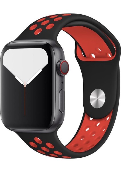 Apple Watch Series SE/10/9/8/7/6/5/4/3 49mm-46mm-45mm-44mm-42mm Uyumlu M/L Delikli Spor Silikon Kordon Siyah/Kırmızı