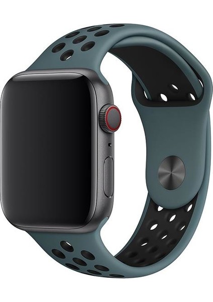 Apple Watch Series SE/10/9/8/7/6/5/4/3 49mm-46mm-45mm-44mm-42mm Uyumlu M/L Delikli Spor Silikon Kordon Yeşil/Siyah