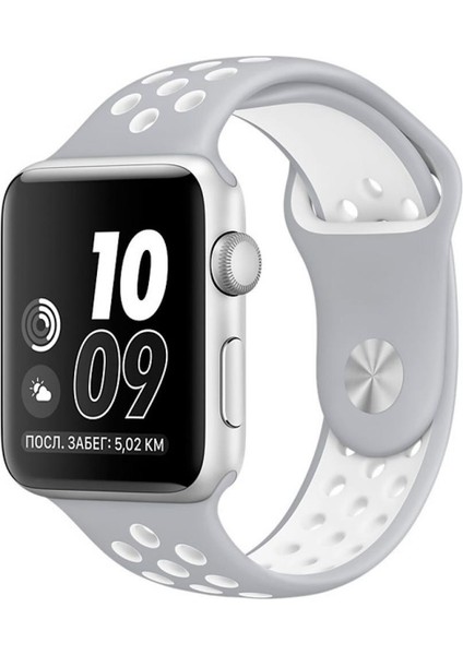 Apple Watch Series SE/10/9/8/7/6/5/4/3 49mm-46mm-45mm-44mm-42mm Uyumlu M/L Delikli Spor Silikon Kordon Gri/Beyaz
