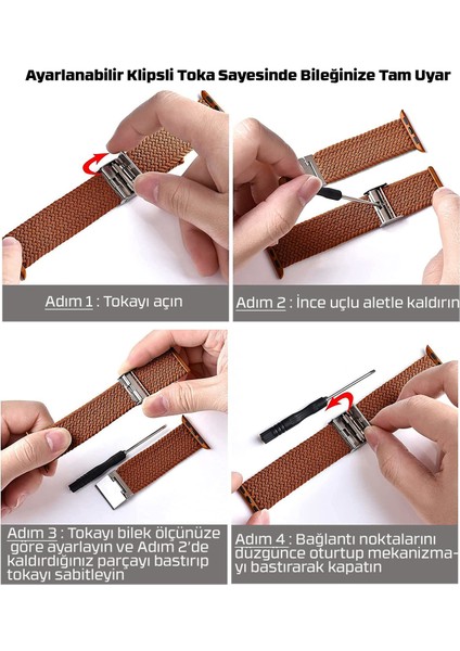 Apple Watch Seri 9 8 7 6 5 4 3 SE 38mm-40mm-41mm Uyumlu Ayarlanabilir Klipsli Örgü Kordon Kahve modelleri