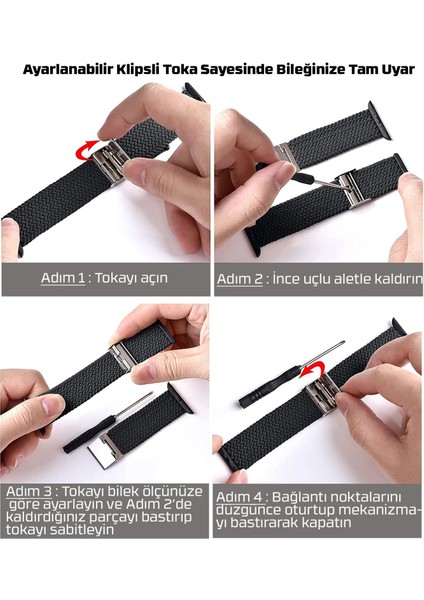 Apple Watch Seri 9 8 7 6 5 4 3 SE 38mm-40mm-41mm Uyumlu Ayarlanabilir Klipsli Örgü Kordon Siyah modelleri