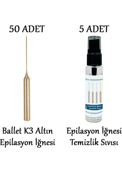 50 Adet K3 Altın Epilasyon İğnesi 50'li K3 Gold İğne