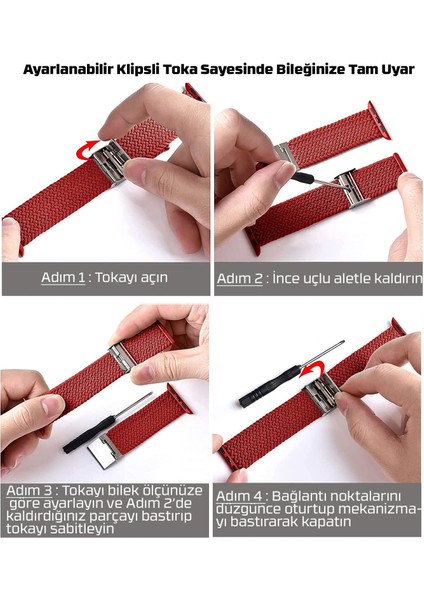 Apple Watch Seri 9 8 7 6 5 4 3 SE 38mm-40mm-41mm Uyumlu Ayarlanabilir Klipsli Örgü Kordon Kırmızı modelleri