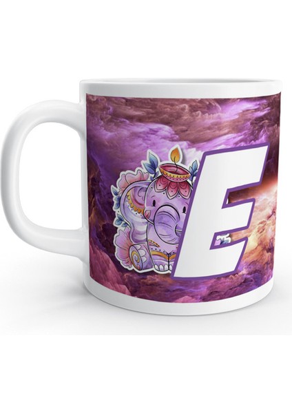 E Harfi Otantik Fil Renkli Desenli Harfli Kupa Bardak