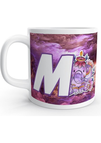 M Harfi Otantik Fil Renkli Desenli Harfli Kupa Bardak