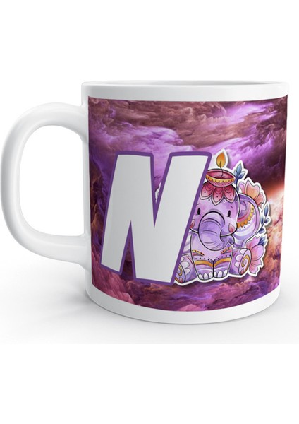 N Harfi Otantik Fil Renkli Desenli Harfli Kupa Bardak