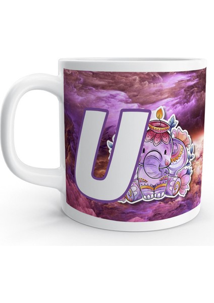 U Harfi Otantik Fil Renkli Desenli Harfli Kupa Bardak