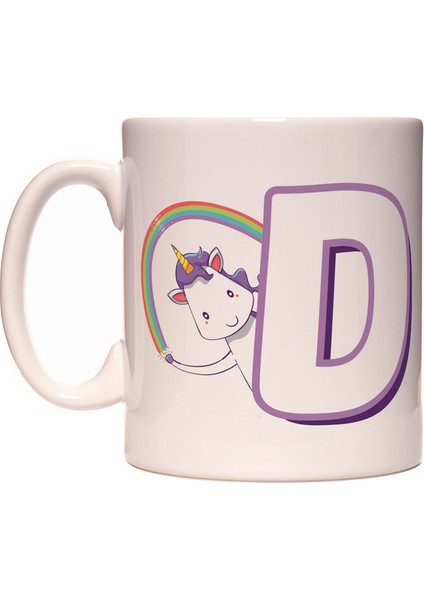 D Harfi Unicorn Boynuzlu At Tasarım Renkli Harfli Kupa Bardak