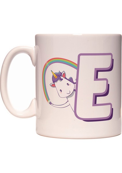 E Harfi Unicorn Boynuzlu At Tasarım Renkli Harfli Kupa Bardak