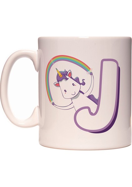J Harfi Unicorn Boynuzlu At Tasarım Renkli Harfli Kupa Bardak