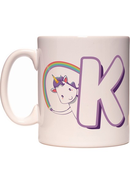 K Harfi Unicorn Boynuzlu At Tasarım Renkli Harfli Kupa Bardak