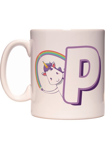 P Harfi Unicorn Boynuzlu At Tasarım Renkli Harfli Kupa Bardak