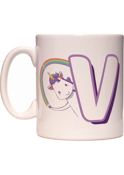 V Harfi Unicorn Boynuzlu At Tasarım Renkli Harfli Kupa Bardak
