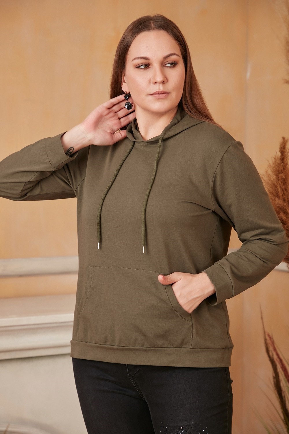 Rmg Kapşonlu Büyük Beden Haki Sweatshirt görsel 2