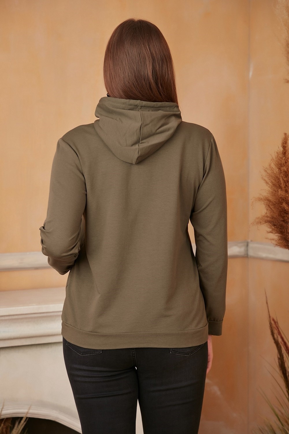 Rmg Kapşonlu Büyük Beden Haki Sweatshirt görsel 3