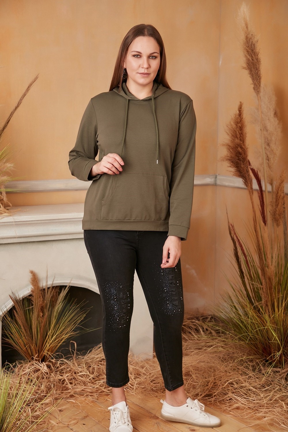 Rmg Kapşonlu Büyük Beden Haki Sweatshirt görsel 4