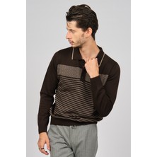 Desen Triko Erkek Desenli Polo Yaka Yün Kazak 0249642 Kahverengi