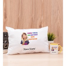 Hediye Dükkanı Kişiye Özel Işine Bakıcaksın Tasarım Esprili Sarı Kupa Bardak ve Dikdörtgen Yastık