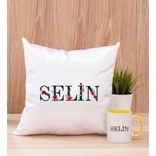 Hediye Dükkanı Kişiye Özel Çiçek Harf Tasarım Isim Yazılı Sarı Kupa Bardak ve Kare Yastık