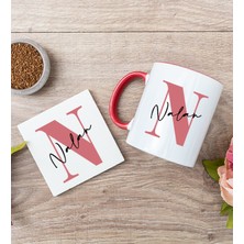 Hediye Dükkanı Kişiye Özel Baş Harfli Üzeri Isim Yazılı Kırmızı Kupa Bardak ve Bardak Altlığı