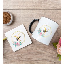 Hediye Dükkanı Kişiye Özel Geometrik Yaldız Tasarımlı Isimli Siyah Kupa Bardak ve Bardak Altlığı