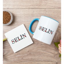 Hediye Dükkanı Kişiye Özel Çiçek Harf Tasarım Isim Yazılı Mavi Kupa Bardak ve Bardak Altlığı