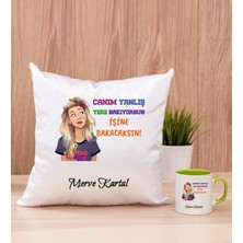 Hediye Dükkanı Kişiye Özel Işine Bakıcaksın Tasarım Esprili Yeşil Kupa Bardak ve Kare Yastık